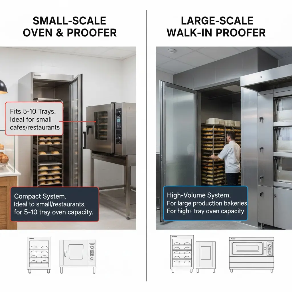 소규모 카페용 5~10단 발효실 시스템과 대형 베이커리용 워크인 발효실의 크기 및 용량 비교 인포그래픽