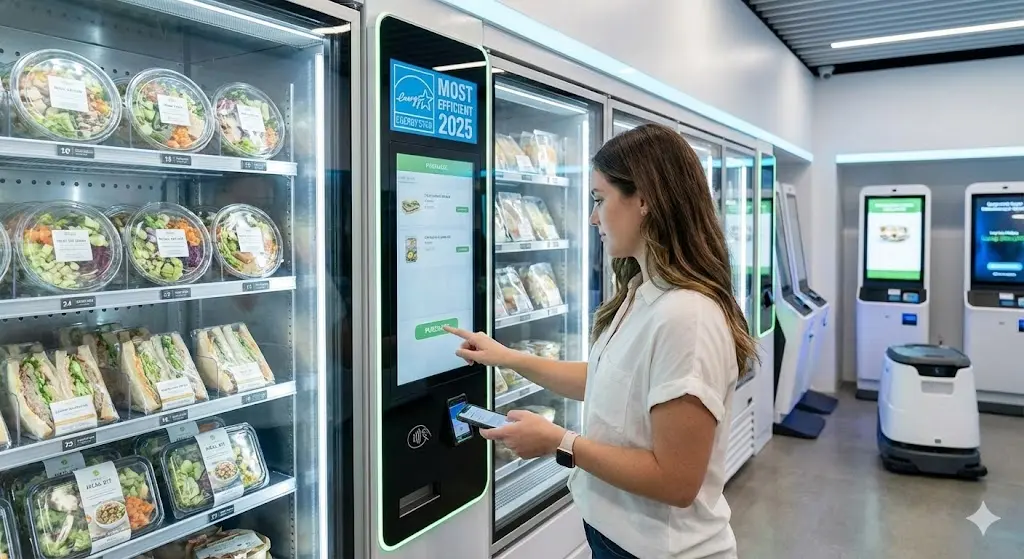 "밝고 깨끗한 무인 매장에서 한 고객이 스마트 쇼케이스의 디지털 디스플레이 버튼을 조작하여 신선한 음식을 간편하게 구입하고 있는 생동감 넘치는 장면"