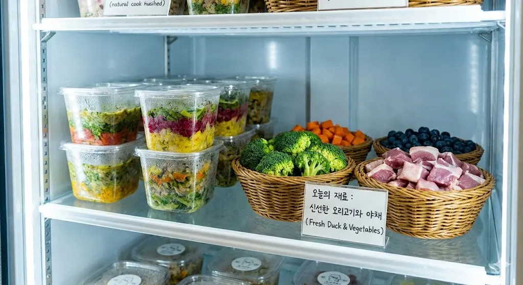 완성된 펫푸드와 그 재료가 되는 신선한 야채, 고기를 나란히 배치하여 "이 재료로 만들었습니다"라는 신뢰를 주는 진열 방식을 강조하는 사진