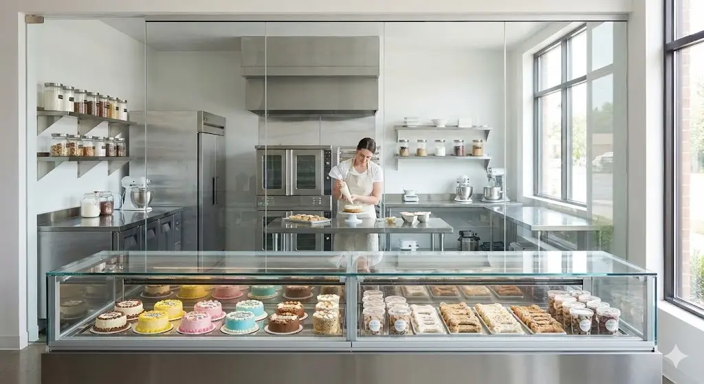 매장 전경을 담아, 깨끗한 주방에서 만들어진 간식이 바로 쇼케이스로 진열되는 투명한 과정을 보여주는 구도