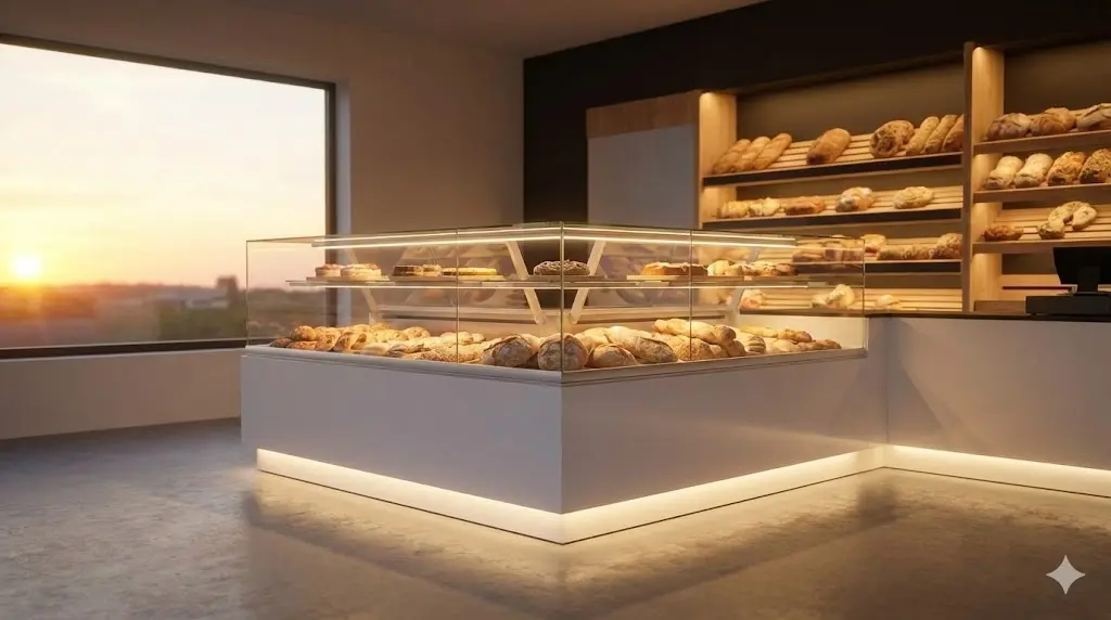 새벽녘 현대적인 베이커리 매장을 따뜻하게 비추는 프레임리스 쇼케이스 전경