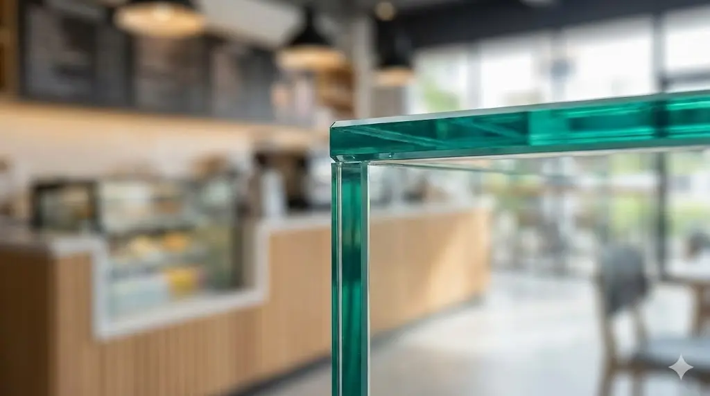 견고하고 매끄러운 마감을 보여주는 쇼케이스의 특수 UV 접합부 및 강화유리 클로즈업