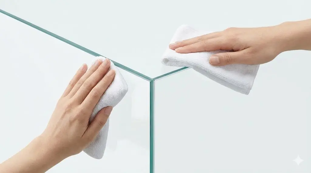 틈새가 없어 청소가 간편한 쇼케이스 유리를 부드러운 천으로 닦는 위생적인 모습