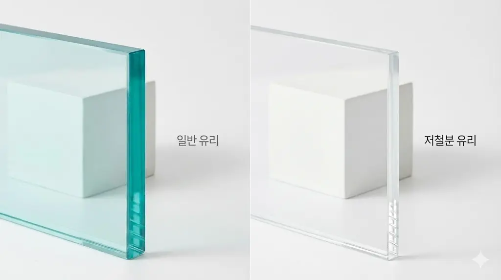 일반 유리의 푸르스름한 단면과 저철분 강화유리의 투명한 단면을 비교하여, 색 왜곡 없는 깨끗한 시야를 통한 시인성개선 효과를 보여주는 실제 실험 사진