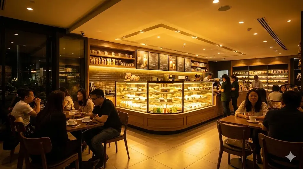 시인성개선으로 성공한 매장의 활기찬 야경을 따뜻한 황금빛 조명으로 담아내어 번창하는 미래를 상징하는 실제 카페 전경