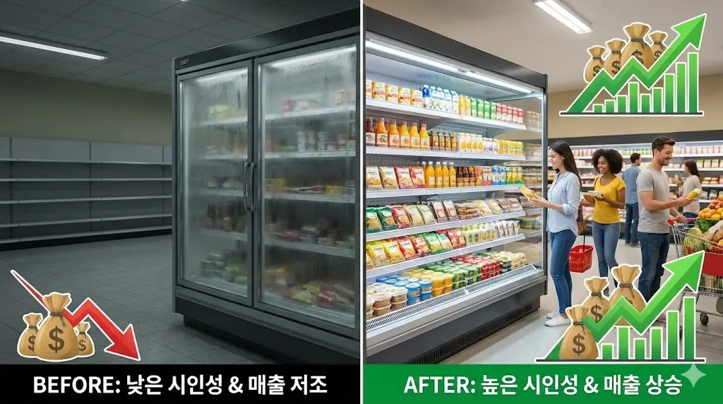 어둡고 뿌연 쇼케이스로 인한 매출 하락과 밝고 선명한 시인성개선 쇼케이스로 인한 매출 상승을 보여주는 비교 인포그래픽 실사 이미지