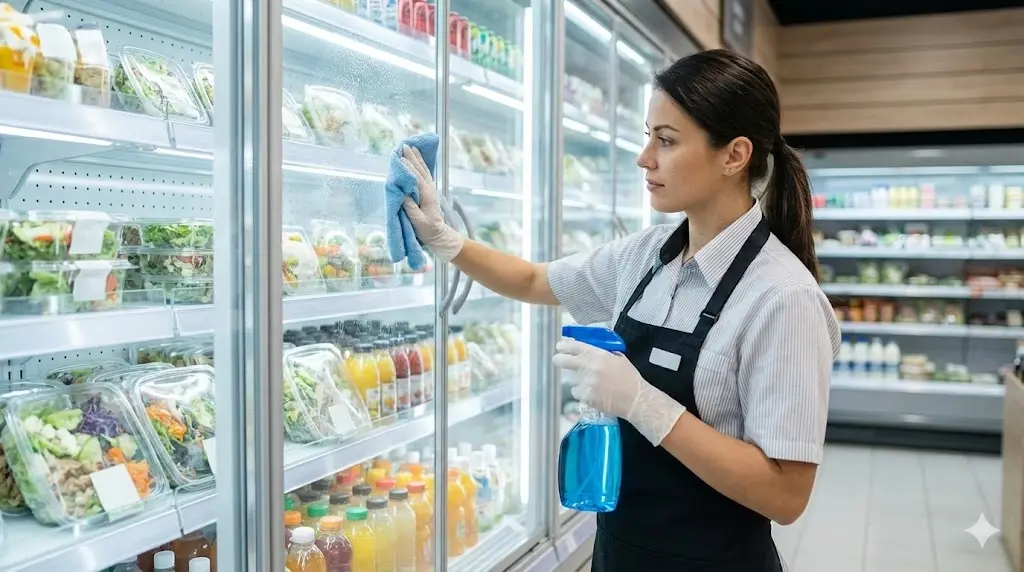 매장 직원이 쇼케이스 유리를 전용 세정제와 걸레로 깨끗하게 닦아 시인성개선을 위해 매일 관리하는 모습의 실사 사진