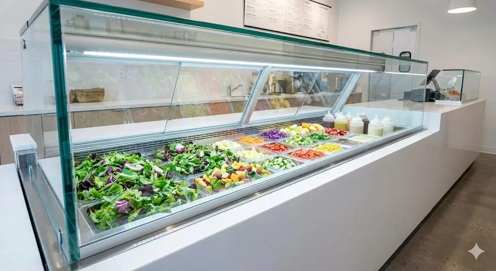 샐러드 전문점의 운영 방식에 따른 오픈 다단형 쇼케이스와 밀폐형 토핑바 쇼케이스의 실제 비교 사진