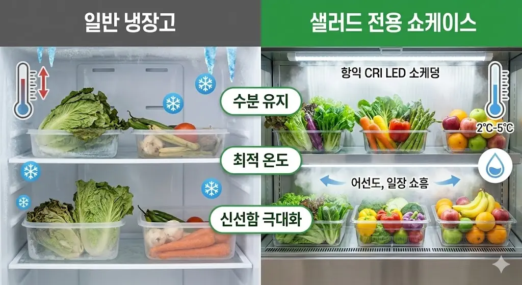 수분을 머금어 아삭함이 살아있는 샐러드 전문점 식재료와 최적의 습도를 유지하는 쇼케이스 내부의 디테일한 실사 사진