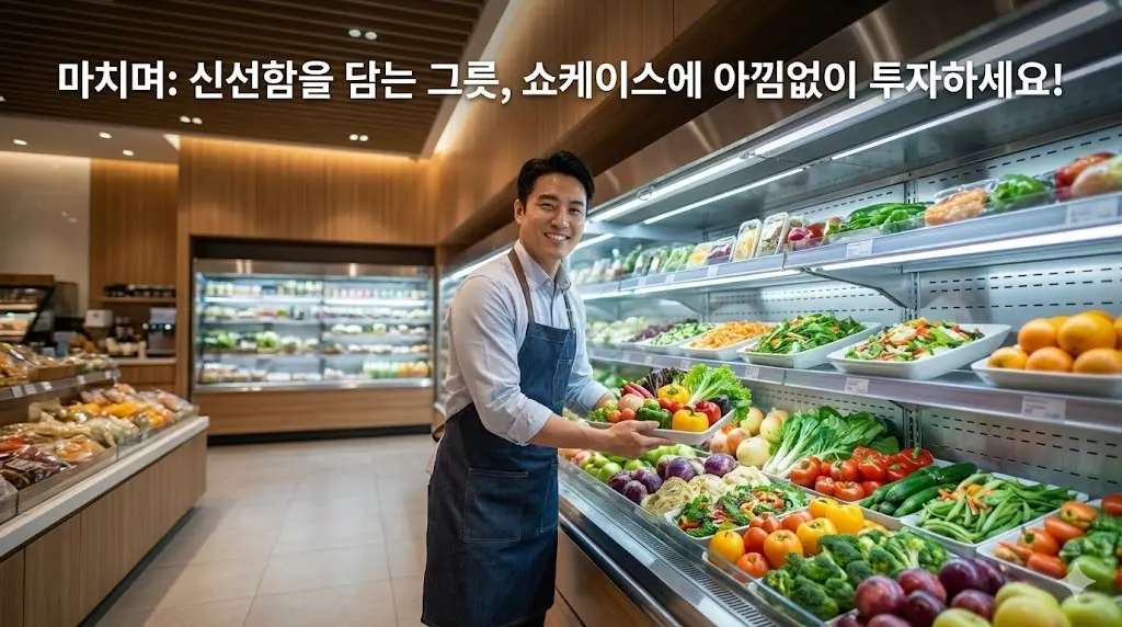 세련된 디자인의 프리미엄 쇼케이스 도입으로 매장 품격과 신선도를 모두 잡아 성공적으로 운영 중인 샐러드 전문점 전경