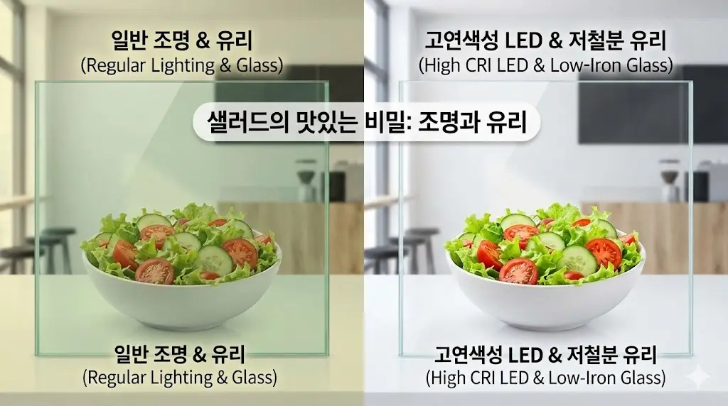 고연색성 LED 조명과 투명한 저철분 유리를 통해 샐러드의 색감이 선명하고 먹음직스럽게 살아나는 샐러드 전문점 쇼케이스 내부 모습