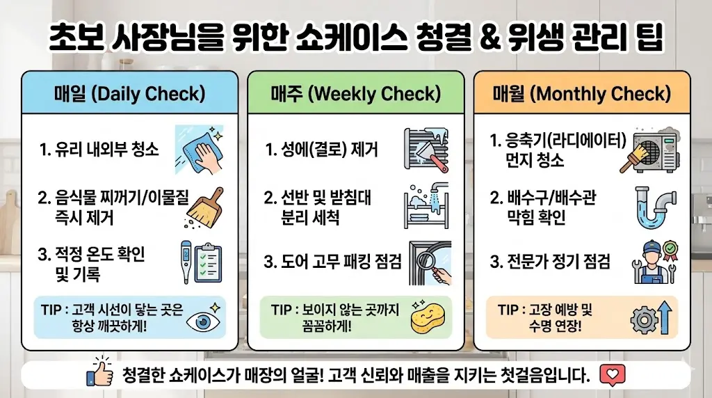 매일 실천하는 쇼케이스 유리 유막 제거와 내부 청결 관리를 통해 위생적인 매장 환경을 유지하는 샐러드 전문점의 관리 현장