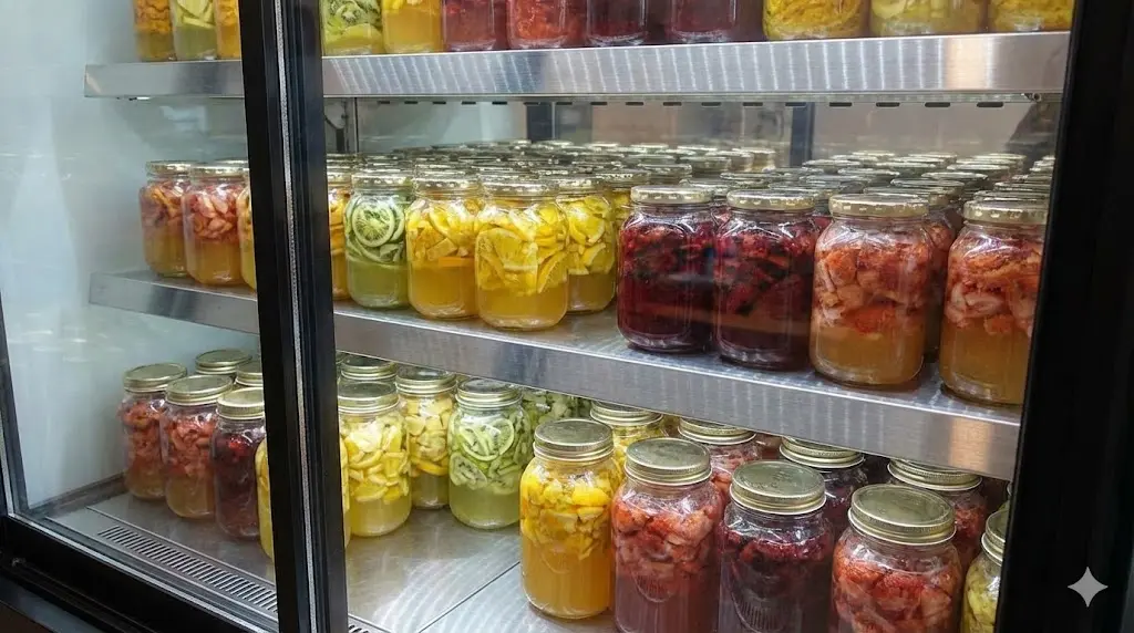 많은 양의 수제청 병 무게를 안전하게 버티는 강화된 쇼케이스 선반 상세컷