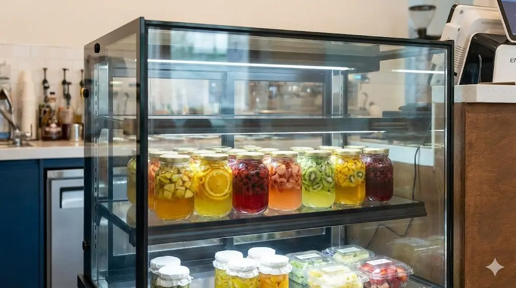 이중 유리 적용으로 결로 현상 없이 깨끗하게 관리된 수제청 냉장고 외부