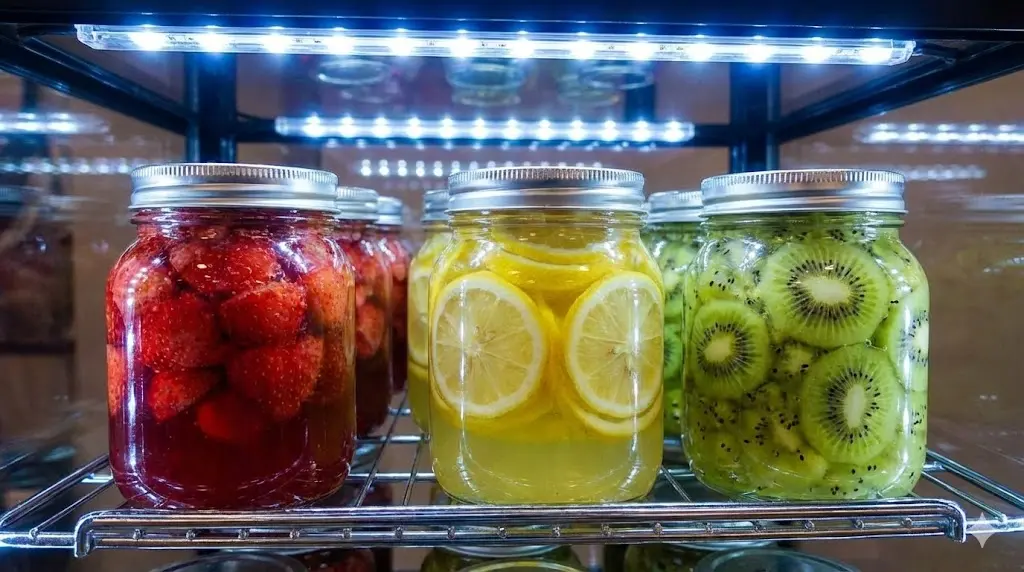 LED 조명을 활용해 수제청의 신선도와 시각적 매력을 강조한 진열 상태