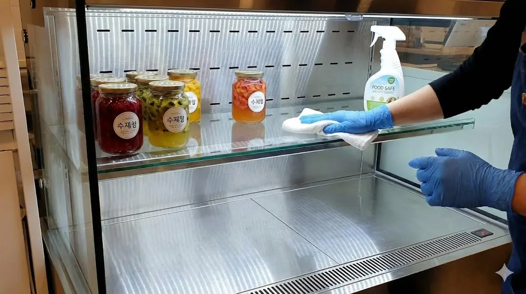 청결하고 위생적으로 관리되어 신뢰감을 주는 수제청 쇼케이스 내부 전경