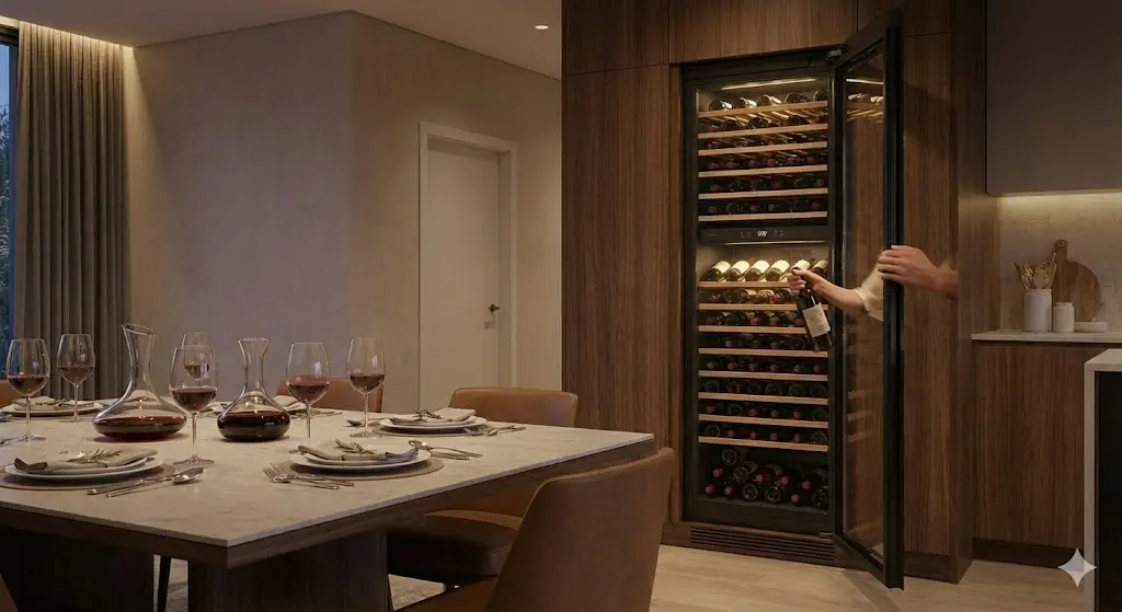 은은한 조명의 빌트인 와인셀러가 돋보이는 우아한 홈바 및 다이닝룸 인테리어 전경