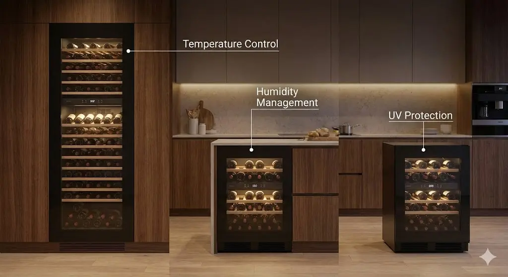 소형 가전부터 대형 빌트인 모델까지 다양한 크기와 디자인을 갖춘 와인 쇼케이스 제품군 비교 레이아웃