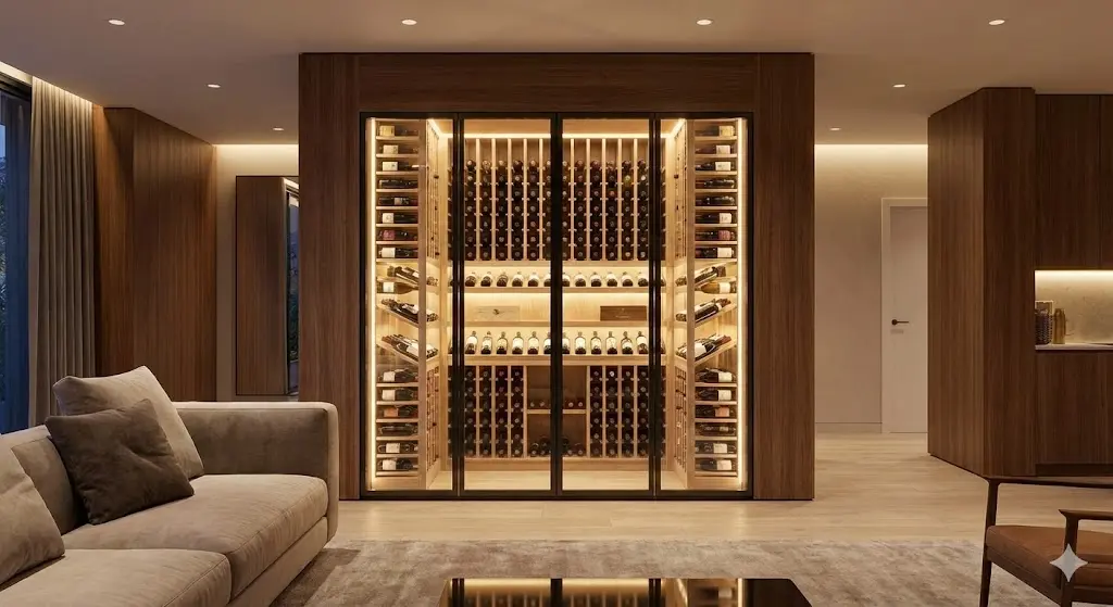 디지털 온도 조절 패널과 고급 목재 선반이 돋보이는 프리미엄 와인셀러 내부의 정밀한 보관 시스템 근접 촬영