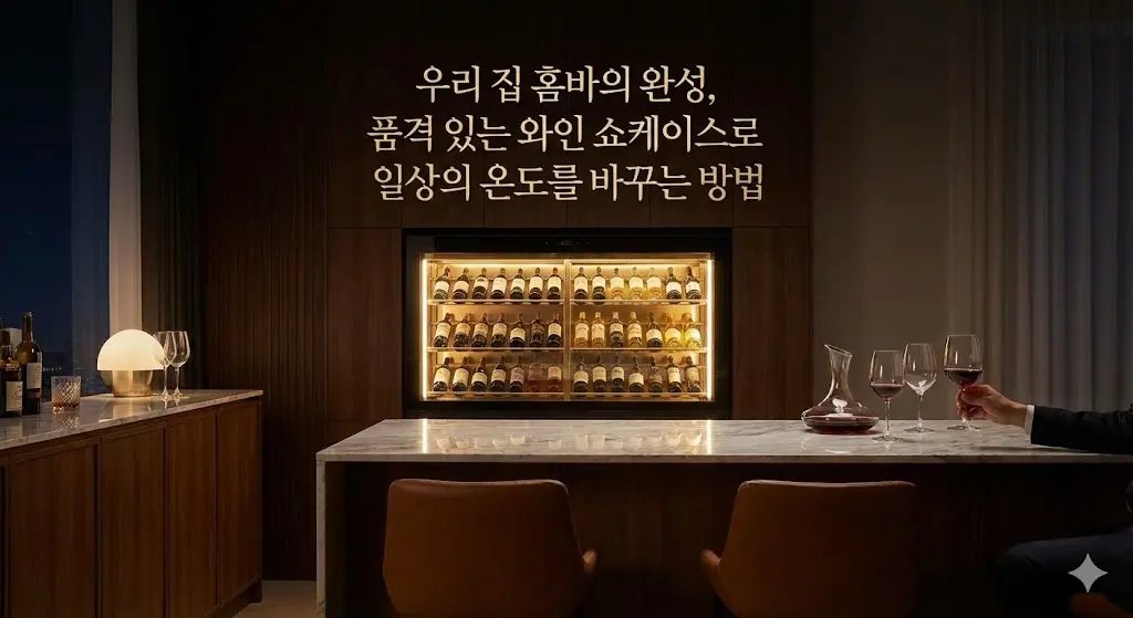 현대적인 거실 인테리어에 고급스럽게 빌트인된 대형 와인셀러 쇼케이스와 레드 와인 잔을 들고 있는 모습