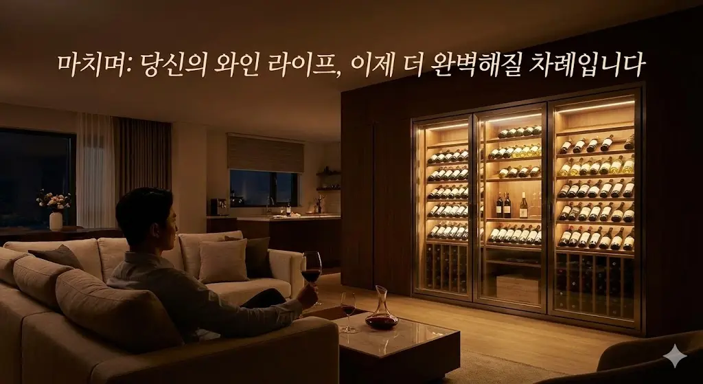평온한 저녁 시간의 여유를 상징하는 품격 있는 와인 라이프와 거실의 포인트가 되는 와인셀러 스타일링