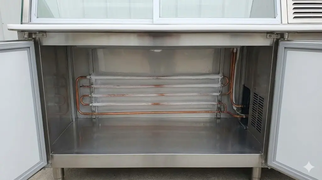 성에 발생을 보여주는 직접 냉각 방식의 냉각 파이프와 구조를 보여주는 쇼케이스 후면