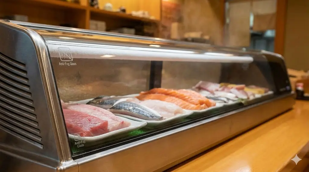 이중 페어 유리 또는 열선 기능이 적용되어 결로 없이 투명하게 내부가 보이는 쇼케이스 유리창