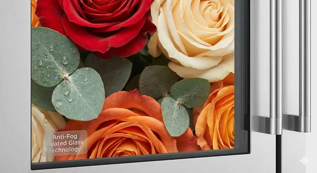 결로가 전혀 없는 완벽하게 투명한 유리 클로즈업, 유리 너머로 선명하게 보이는 꽃의 질감, 세련된 손잡이, 'Anti-Fog' 기술 스티커 디테일.