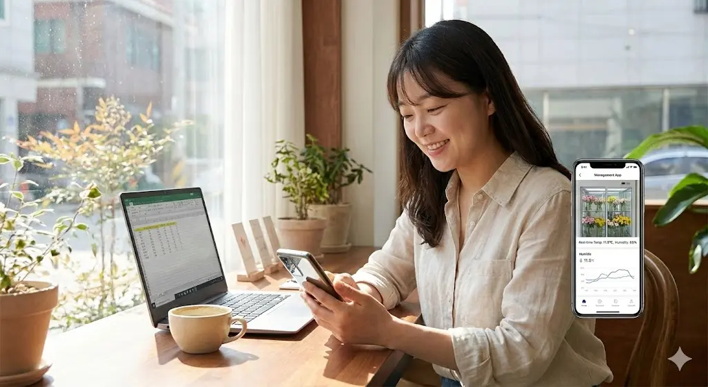 카페에서 여유로운 사장님, 스마트폰 앱 화면(실시간 온도/습도 그래프 및 CCTV 화면 표시), 노트북, 전문적이고 편안한 분위기.