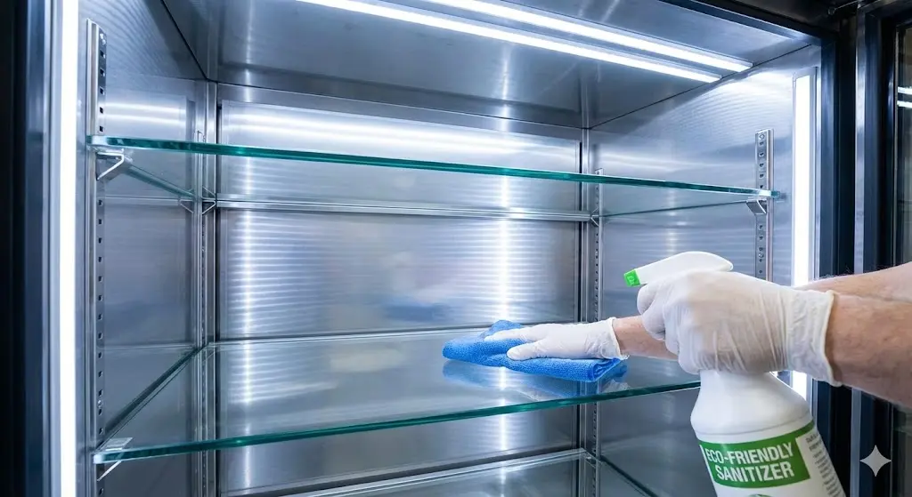 꽃이 비워진 깨끗한 내부, 친환경 소독제와 극세사 천을 든 손, 물기 없이 반짝이는 선반과 유리벽.