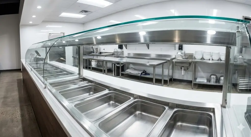 오픈 준비를 마치고 티끌 하나 없이 깨끗하게 청소된 샐러드바 매장 내부와 반짝이는 유리 쇼케이스의 모습.