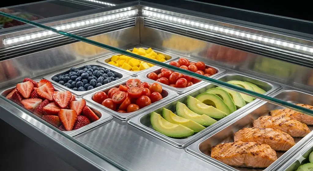 프리미엄 샐러드바 쇼케이스 내부에 보석처럼 선명하게 진열된 신선한 과일과 토핑 클로즈업. 결로 없이 투명한 유리 너머로 식재료의 색감이 돋보임.