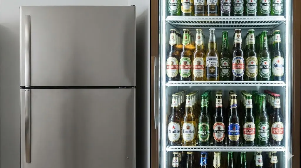 내부가 보이지 않는 일반 냉장고와 화려한 맥주 라벨이 보이는 전용 쇼케이스 비교