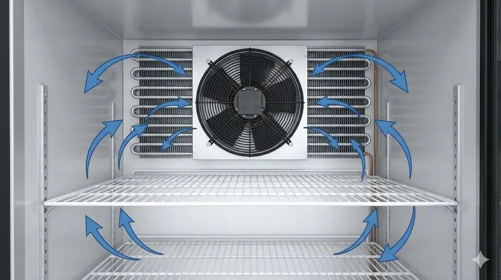 성에 없이 일정한 온도를 유지하는 간접 냉각 방식(강제 순환) 시스템 내부