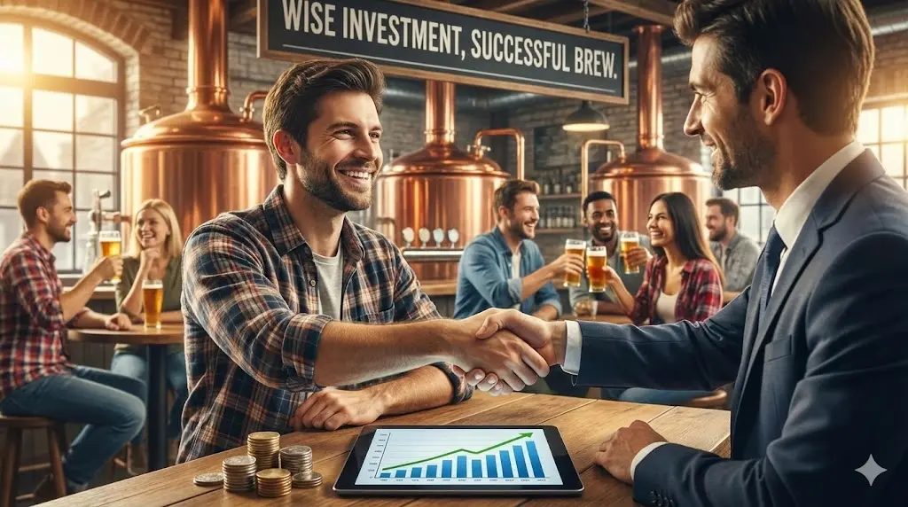 활기찬 브루어리 펍 배경에서 성공적인 맥주 비즈니스 투자를 상징하며 악수하는 두 파트너의 모습. 테이블 위에는 매출 상승 그래프가 표시된 태블릿과 동전 더미가 놓여 있다