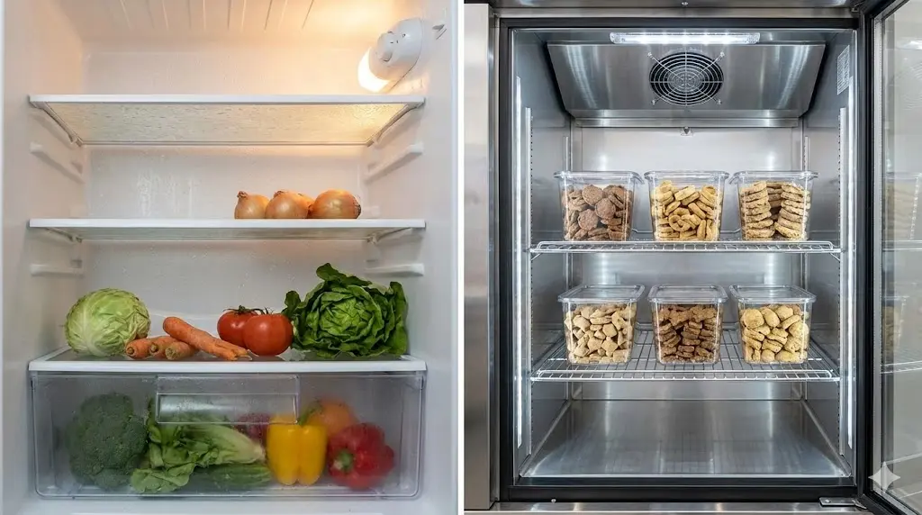 습기 찬 일반 냉장고(왼쪽)와 깔끔하게 정리된 펫푸드 전용 냉장고(오른쪽) 내부 비교