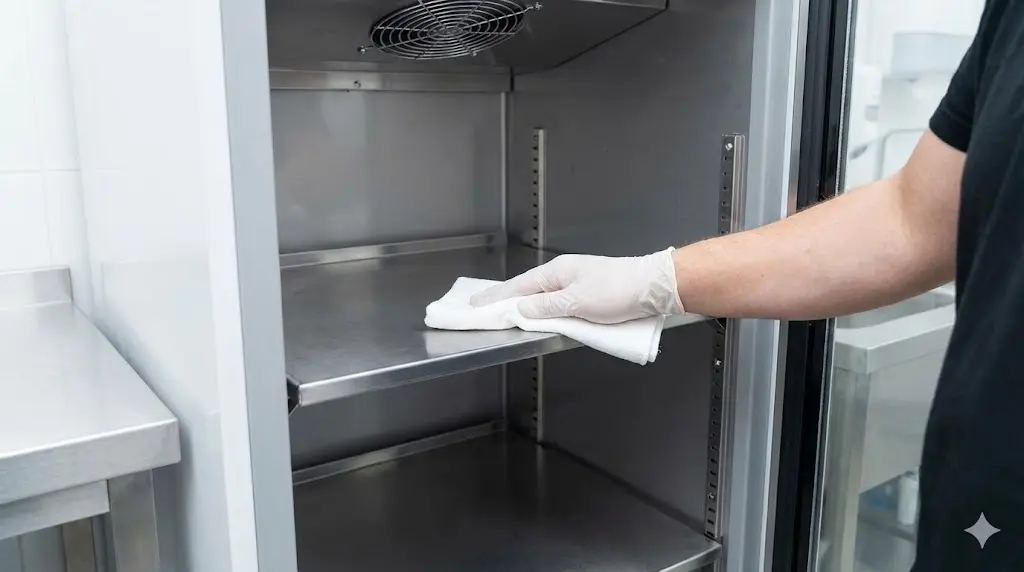 위생 장갑을 낀 손으로 스테인리스 재질의 냉장고 내부 선반을 닦는 모습