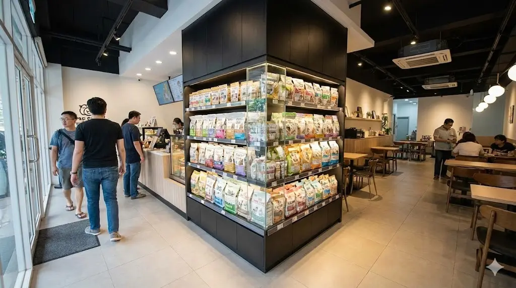 애견 카페 카운터 옆에 효율적으로 배치된 대형 펫푸드 진열대와 쇼케이스 전경