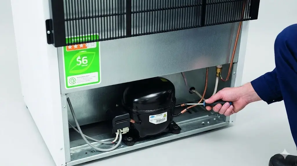 냉장고 후면의 에너지 효율 등급 라벨과 컴프레서를 점검하는 A/S 기사