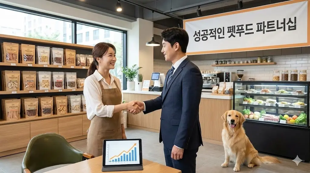 펫푸드 매장에서 '성공적인 펫푸드 파트너십' 현수막 아래 악수하는 점주와 비즈니스 파트너
