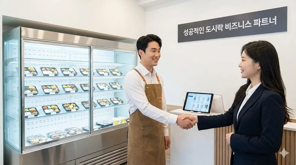 도시락 매장에서 점주와 컨설턴트가 악수를 나누고 있으며, 배경에는 '성공적인 도시락 비즈니스 파트너'라는 문구와 도시락이 진열된 대형 냉장고가 보인다.