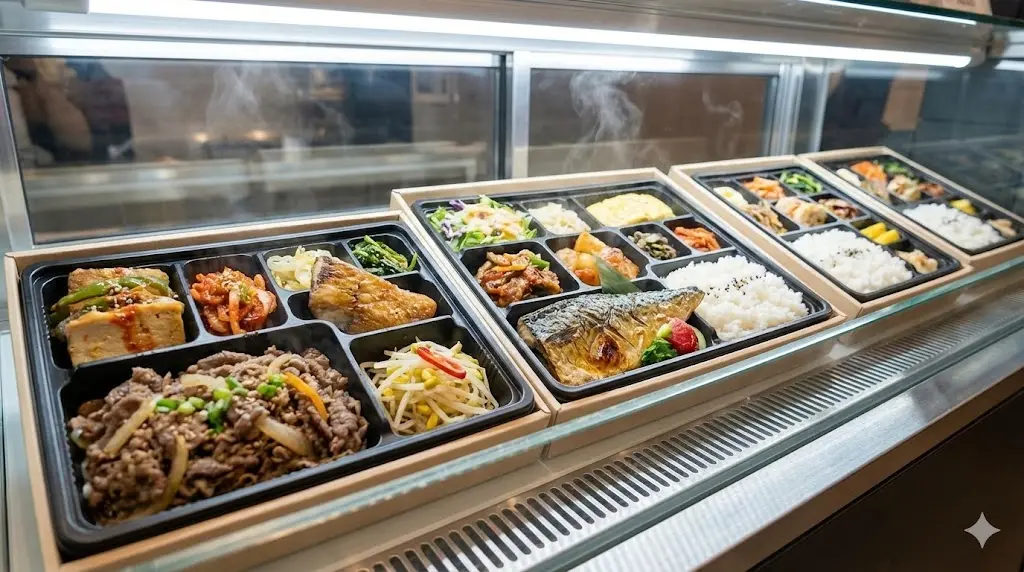 alt="진열 냉장고 안에 정갈하게 담긴 불고기와 생선구이 도시락의 신선하고 먹음직스러운 클로즈업 사진