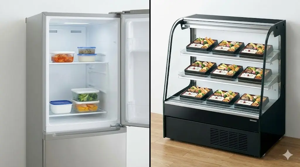 내부가 잘 보이지 않는 일반 냉장고(좌)와 도시락이 한눈에 들어오는 전용 진열 쇼케이스(우)의 비교 사진