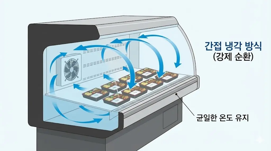 팬을 통해 찬바람을 내부로 순환시켜 도시락 전체의 온도를 균일하게 유지하는 간접 냉각 방식의 원리도.