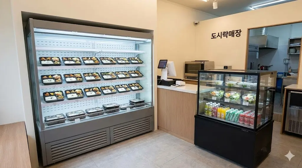 매장 규모에 맞춰 배치된 벽면 스탠드형 다단 쇼케이스와 계산대 옆 카운터형 쇼케이스의 모습.