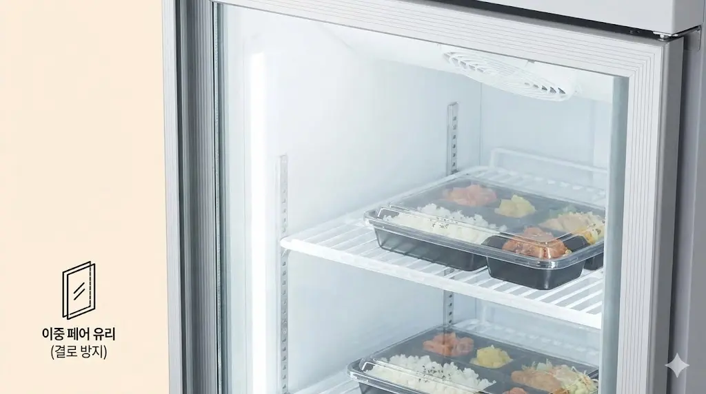 이중 페어 유리 기술이 적용되어 결로 현상 없이 투명하게 내부 도시락이 보이는 진열 냉장고 도어 상세 사진.