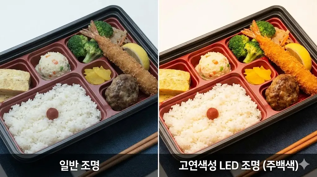 일반 조명과 고연색성 LED 조명 아래에서 도시락 음식의 색감과 신선도가 다르게 보이는 비교 사진.