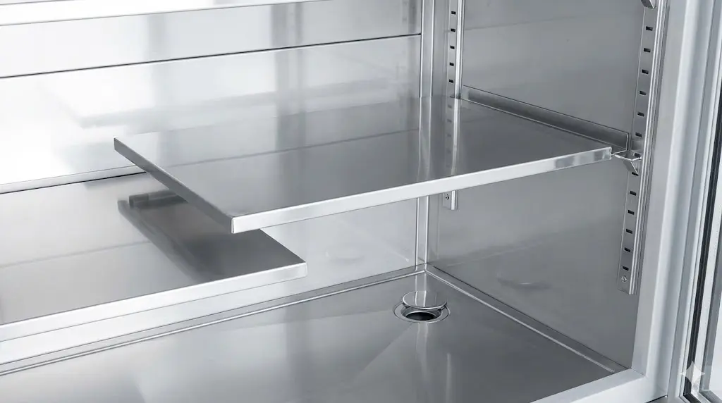 청소가 간편한 탈부착형 스테인리스 선반과 바닥 배수구가 보이는 진열 냉장고 내부의 위생적인 구조.