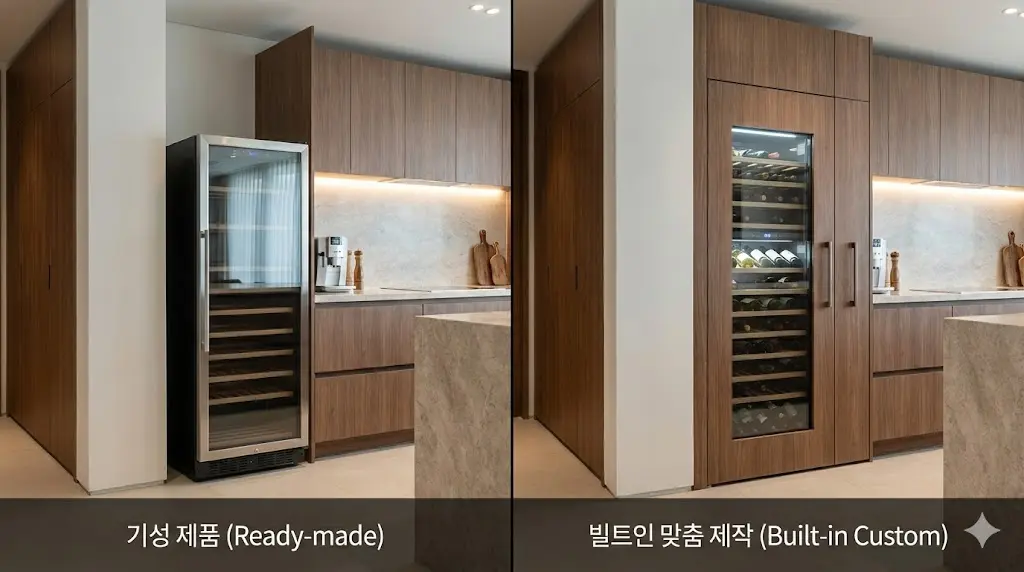 공간 규격에 딱 맞춰 제작되어 일체감이 느껴지는 맞춤형 빌트인 쇼케이스의 디테일.