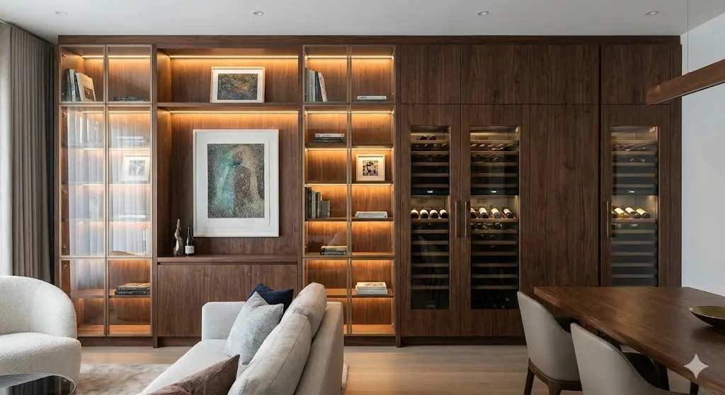 고급스러운 월넛 원목으로 맞춤 제작된 거실 빌트인 쇼케이스. 예술품을 진열한 유리 장식장과 와인셀러가 결합되어 품격 있는 공간을 연출하는 모습.